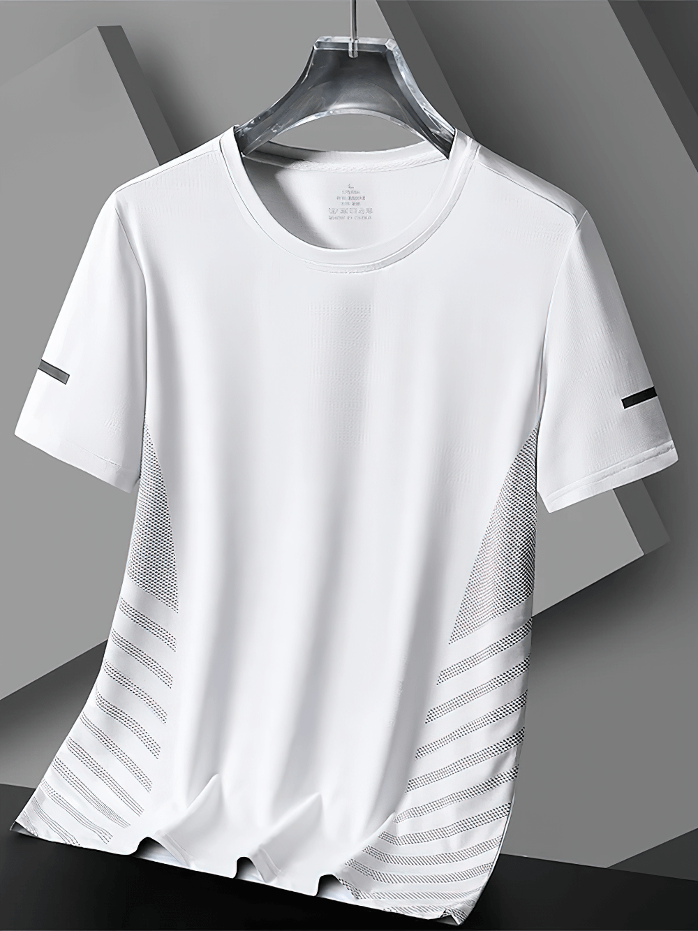 Alt Tag: Breathable Running T-Shirt with Reflective Detail - SF4407 white men’s quick-dry short sleeve with mesh panels on hanger