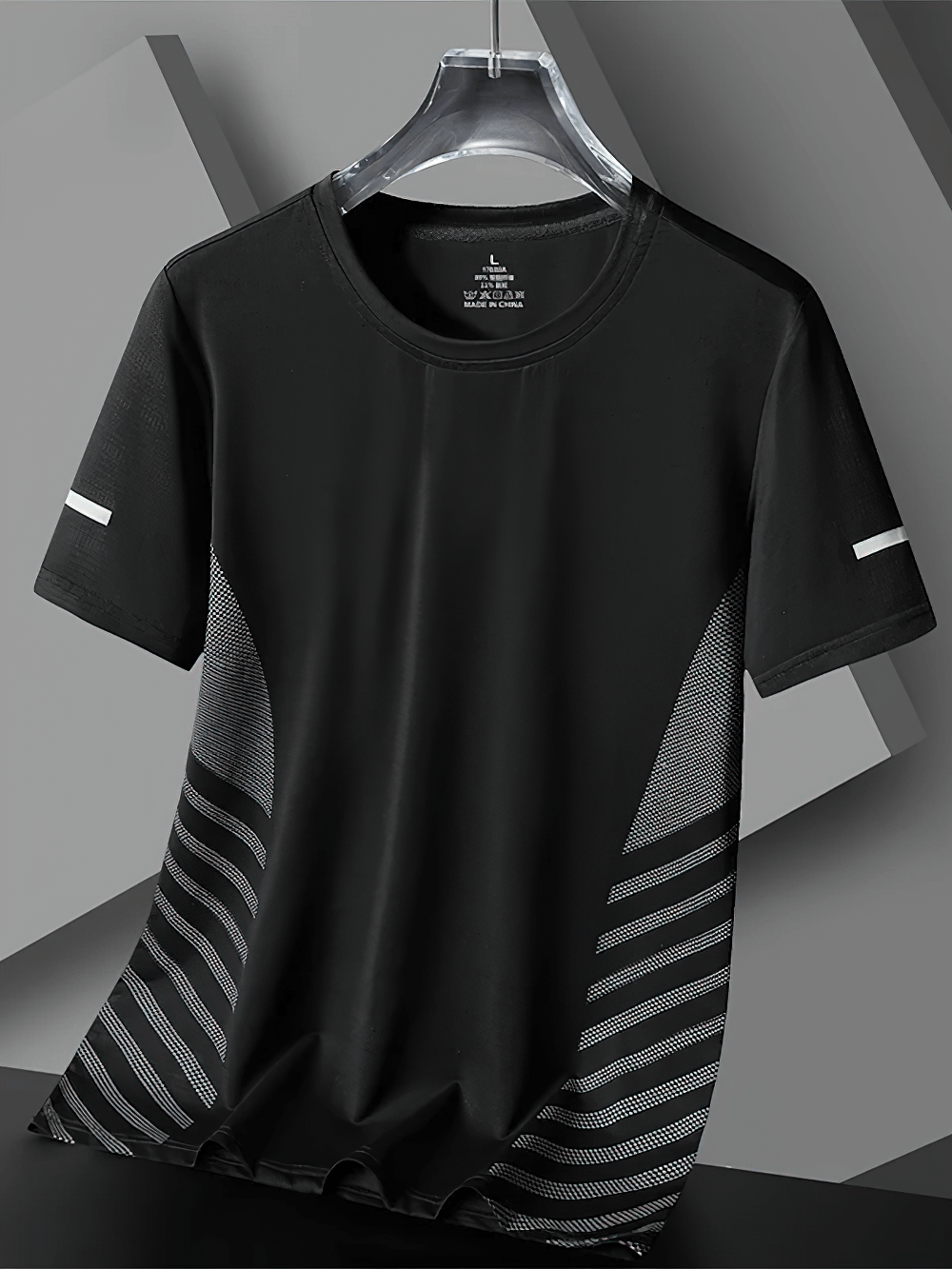 Alt Tag: Breathable Running T-Shirt with Reflective Detail - SF4407 black men’s quick-dry gym tee with mesh panels and reflective sleeve accents
