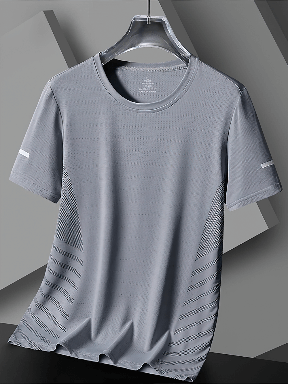 Alt Tag: Breathable Running T-Shirt with Reflective Detail - SF4407 men’s gray quick-dry short sleeve with mesh panels and reflective accents on hanger
