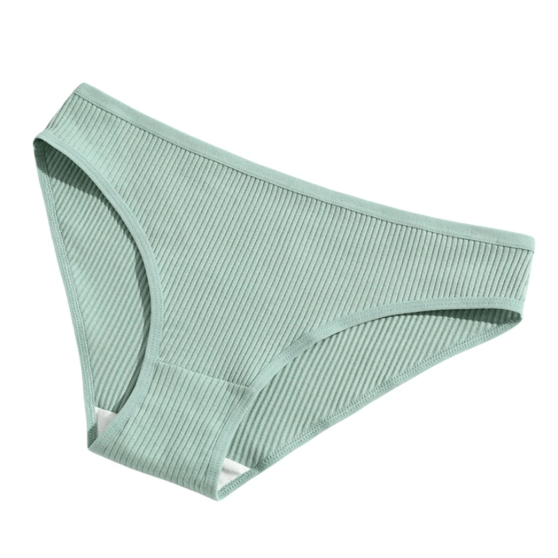 Breathable ribbed cotton bikini panties in solid mint green, designed for comfort and style. Soft stretch low waist women’s underwear.