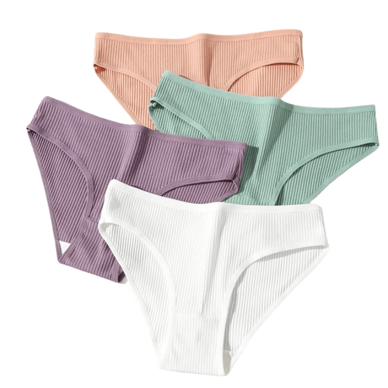 Set of breathable ribbed cotton bikini panties in assorted colors, including white, green, purple, and peach, offering style and comfort.