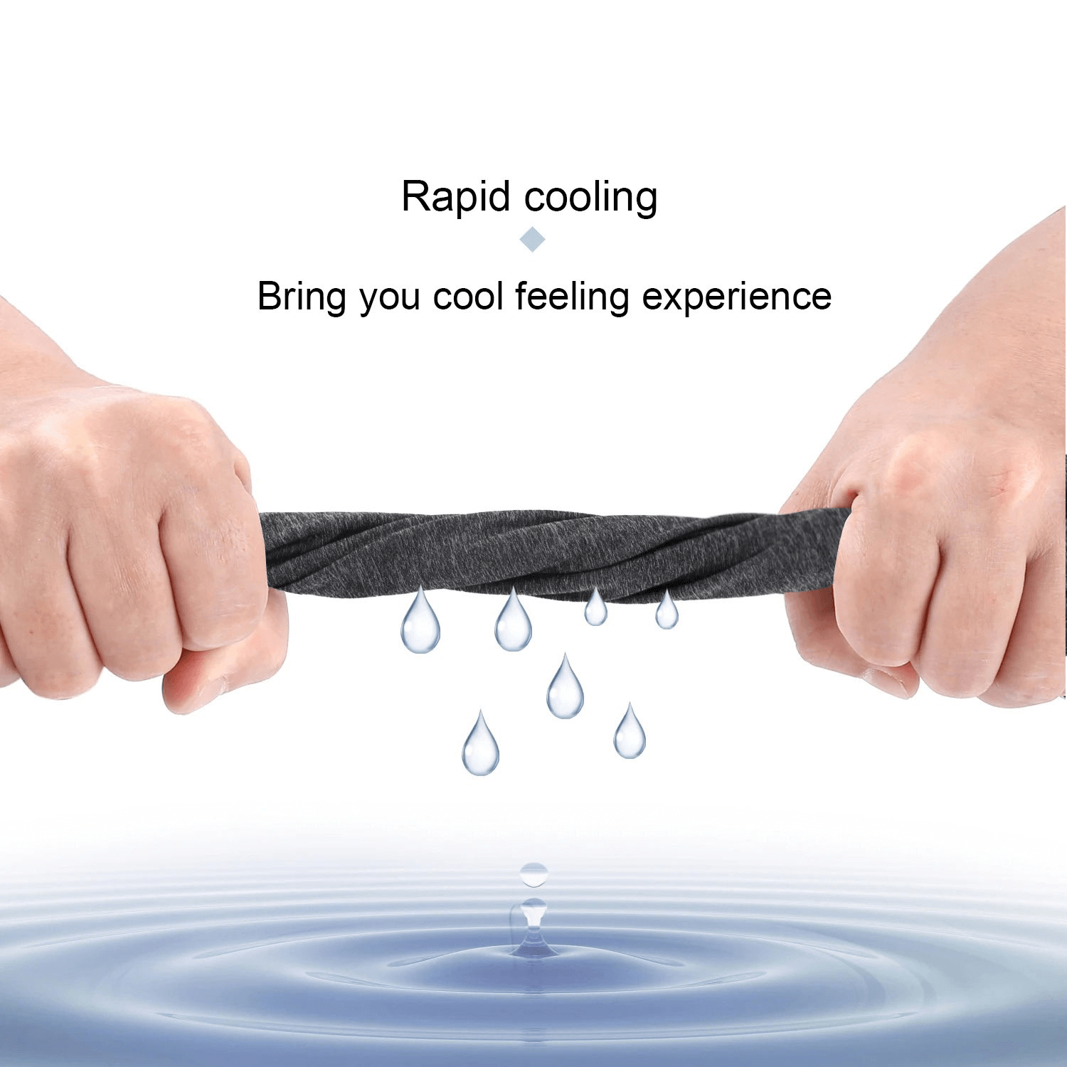 Hands wringing out a moisture-wicking tactical neck gaiter, showcasing rapid cooling and water droplets, emphasizing breathability and comfort.