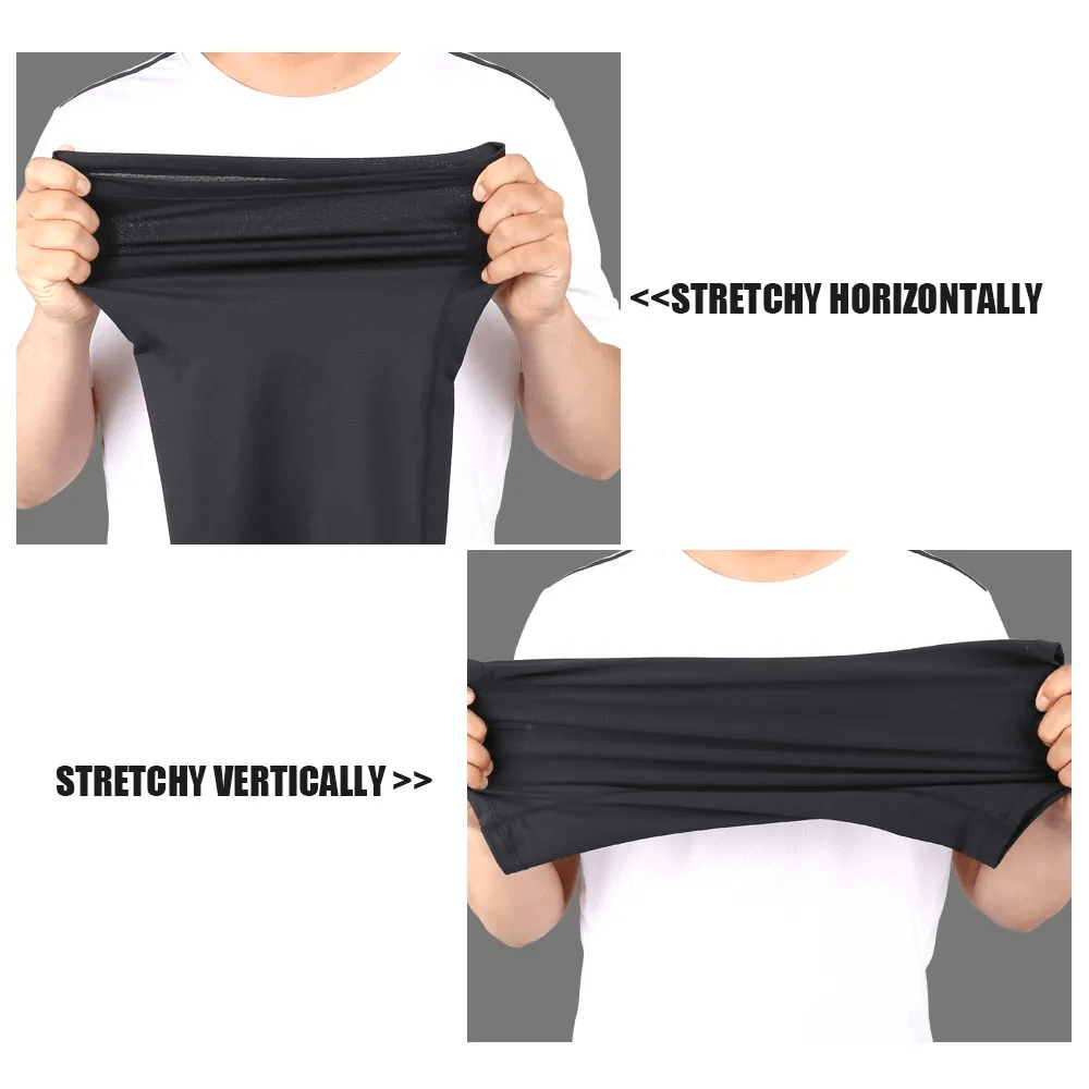 Person demonstrating the horizontal and vertical stretch of a breathable Tactical Neck Gaiter with UV protection.