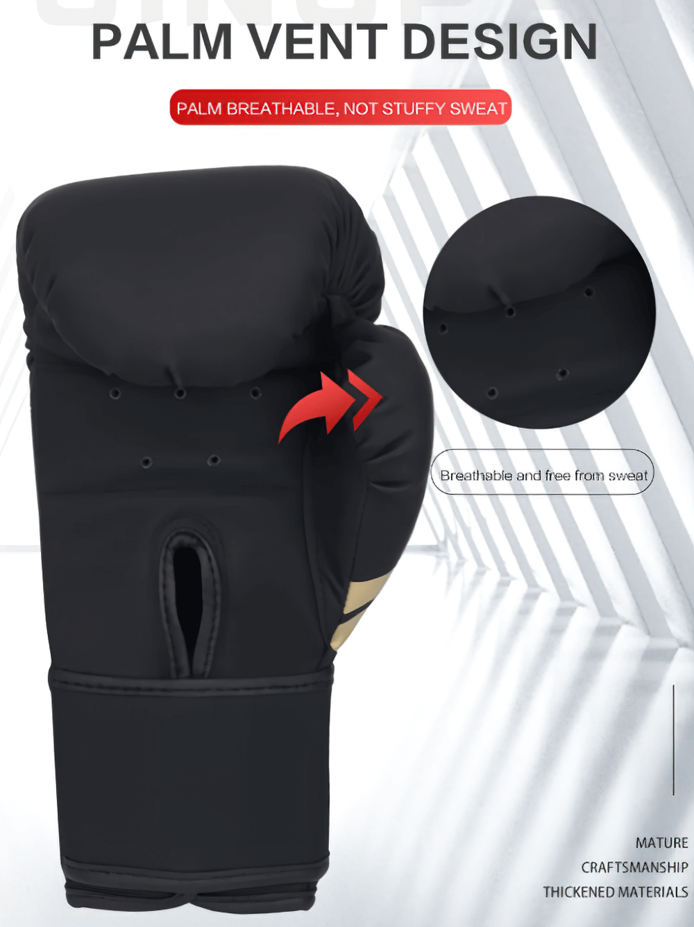 Breathable vent SF3139 boxing gloves in black PU leather, showcasing palm ventilation for airflow, ideal for sparring and workouts.