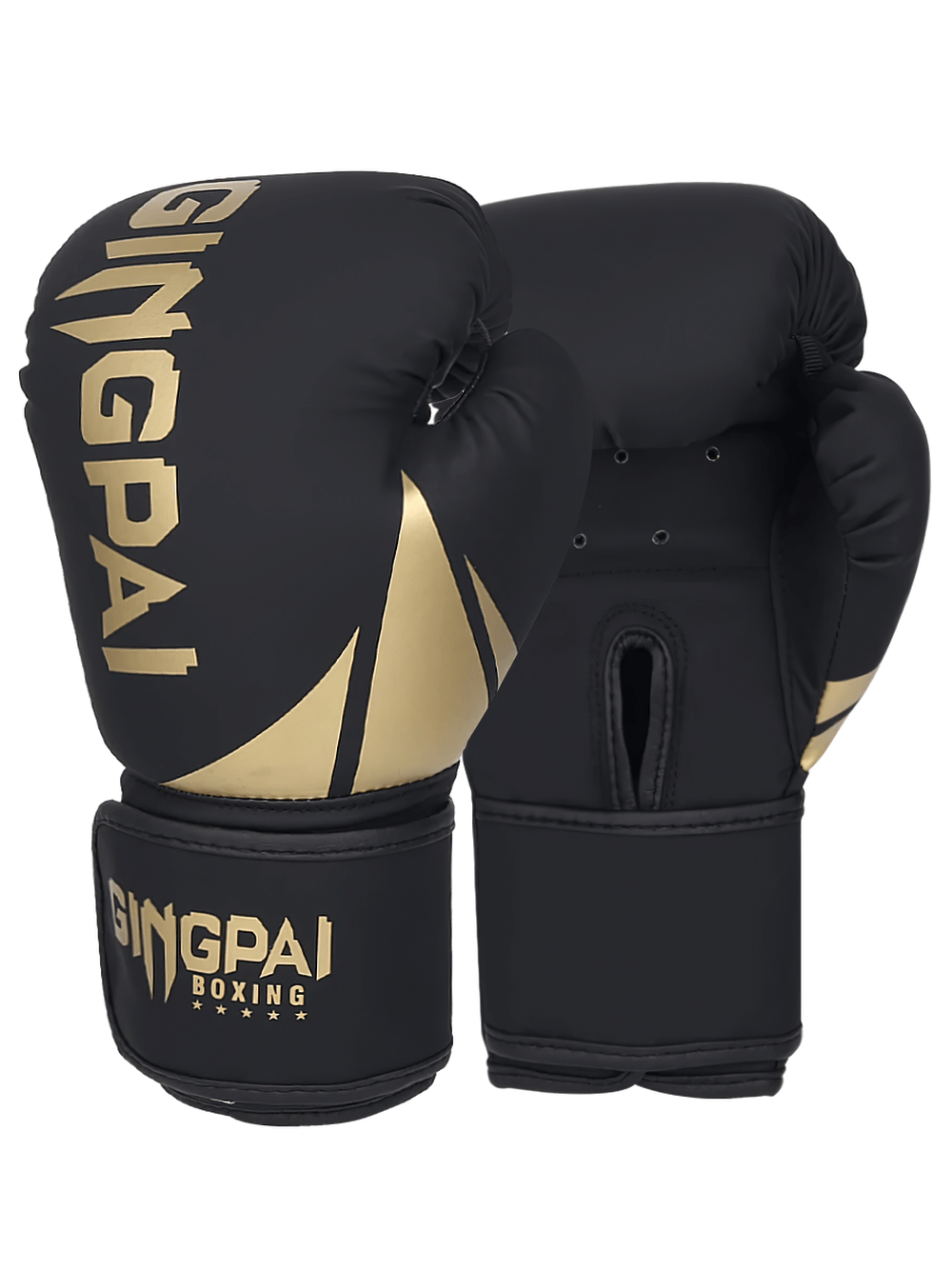 Breathable PU leather boxing gloves with palm vent, black and gold design, perfect for intense training and sparring. Model SF3139.
