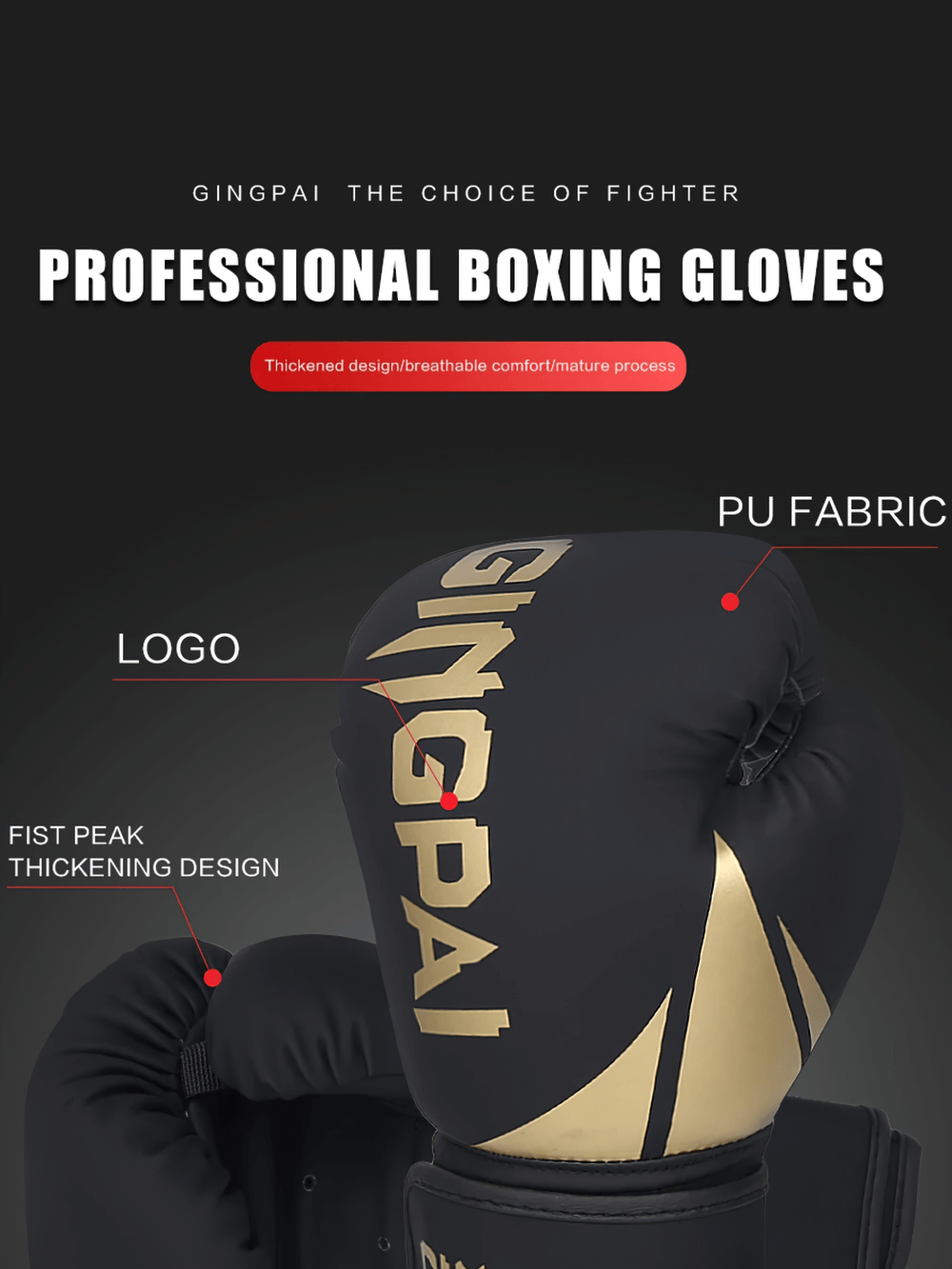 Professional boxing gloves with PU fabric and thickening design.