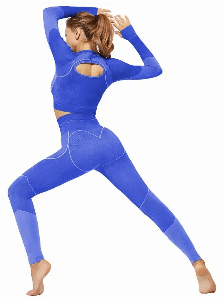 Breathable women's leggings and long sleeve top set in vibrant blue, ideal for yoga and sports, featuring geometric design.