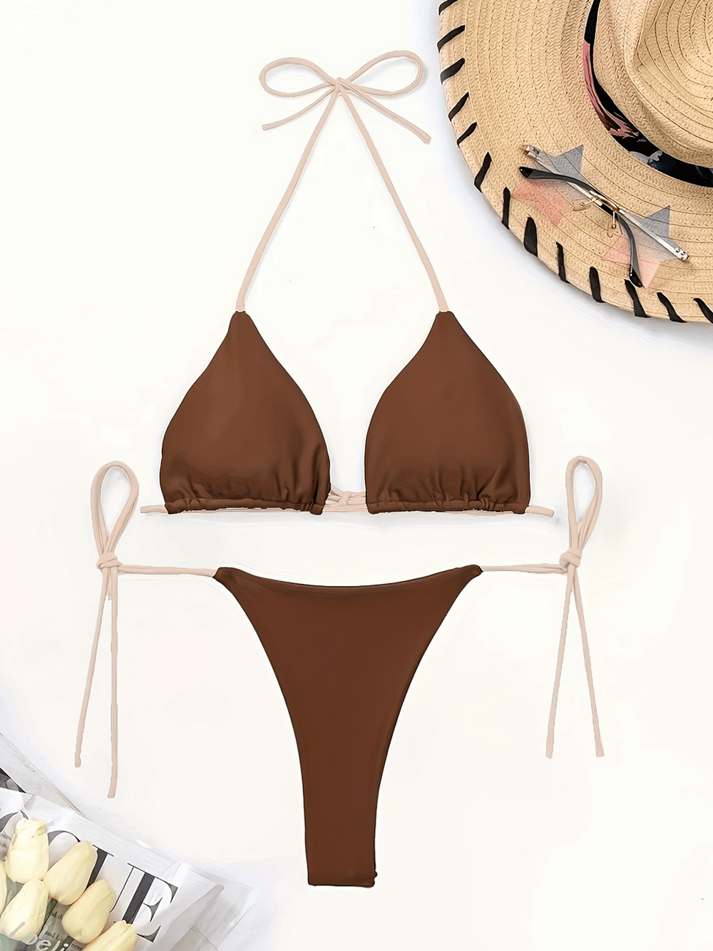 Brown Tie-Side Halter Bikini Set for Women - SF4733 with triangle top and tie-side bottoms, perfect for beach days.