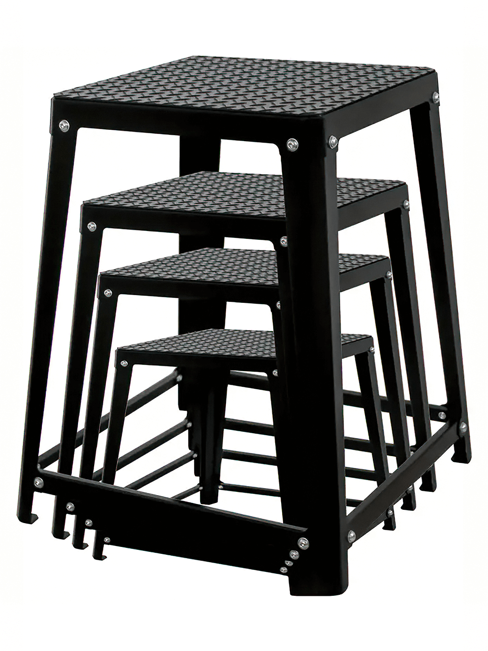 Set of black steel plyometric boxes for home gym workout, featuring anti-slip design and durable construction, product code SF2805.