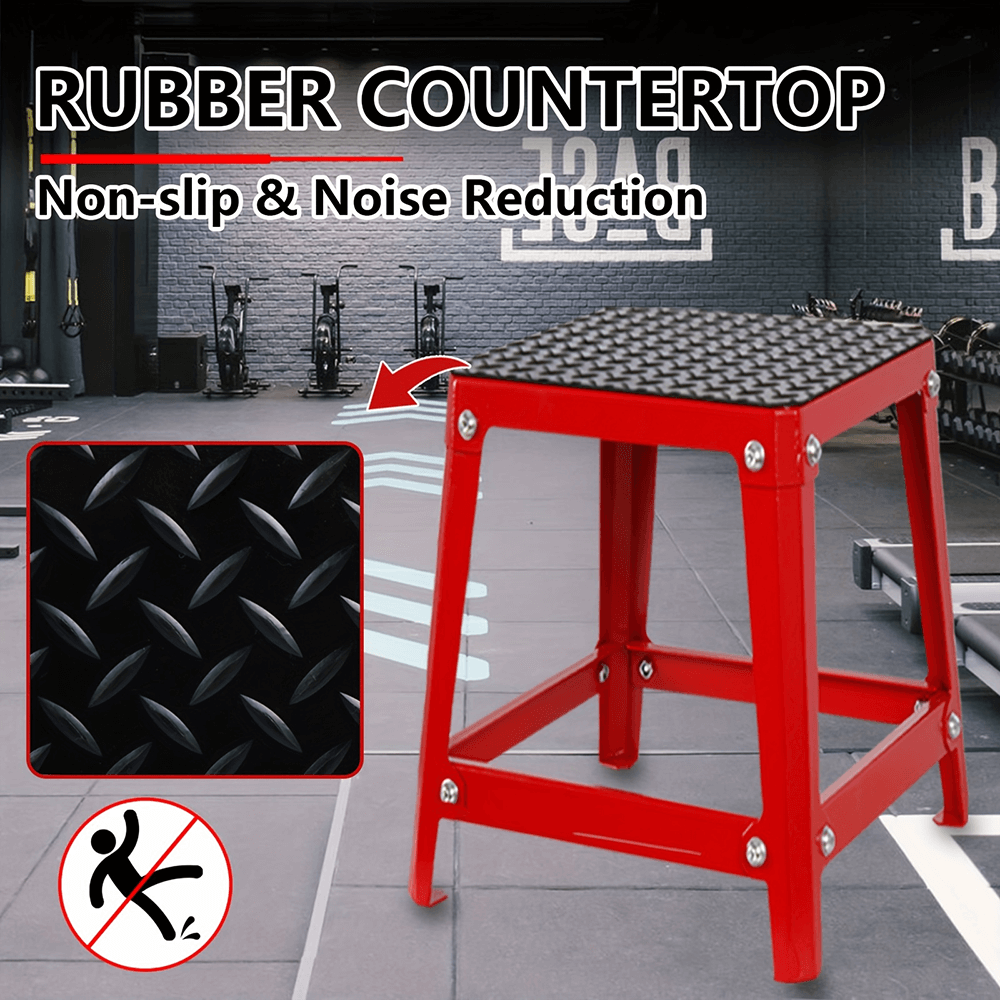 Durable red steel plyometric box with non-slip rubber top in a gym setting for effective workouts and noise reduction.