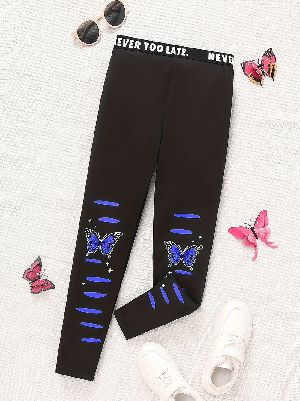 Butterfly Girls Sports Leggings with Elastic Waist - SF3795 featuring vibrant butterfly print and cutout details, ideal for active wear.