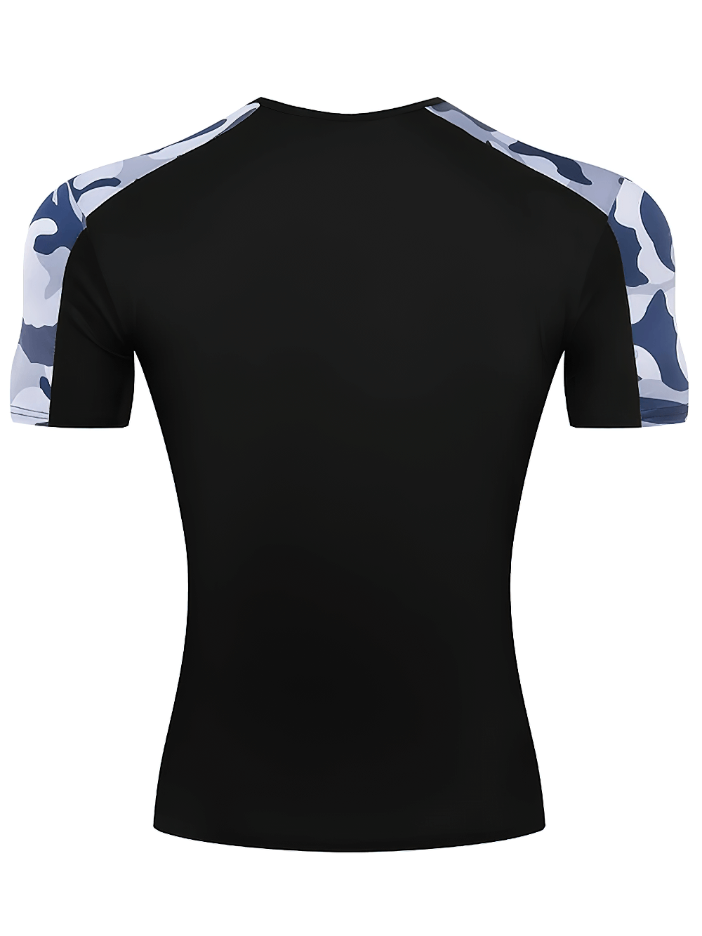 Alt Tag: Camo Compression Running T-Shirt For Training - SF4360 back view black slim fit short sleeve with camo shoulder panels