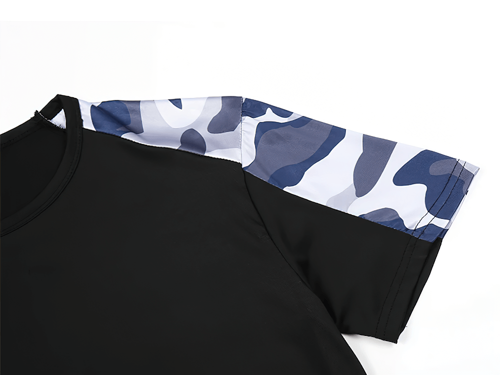 Alt Tag: Camo Compression Running T-Shirt For Training - SF4360 black short sleeve compression tee with blue camo shoulder panels