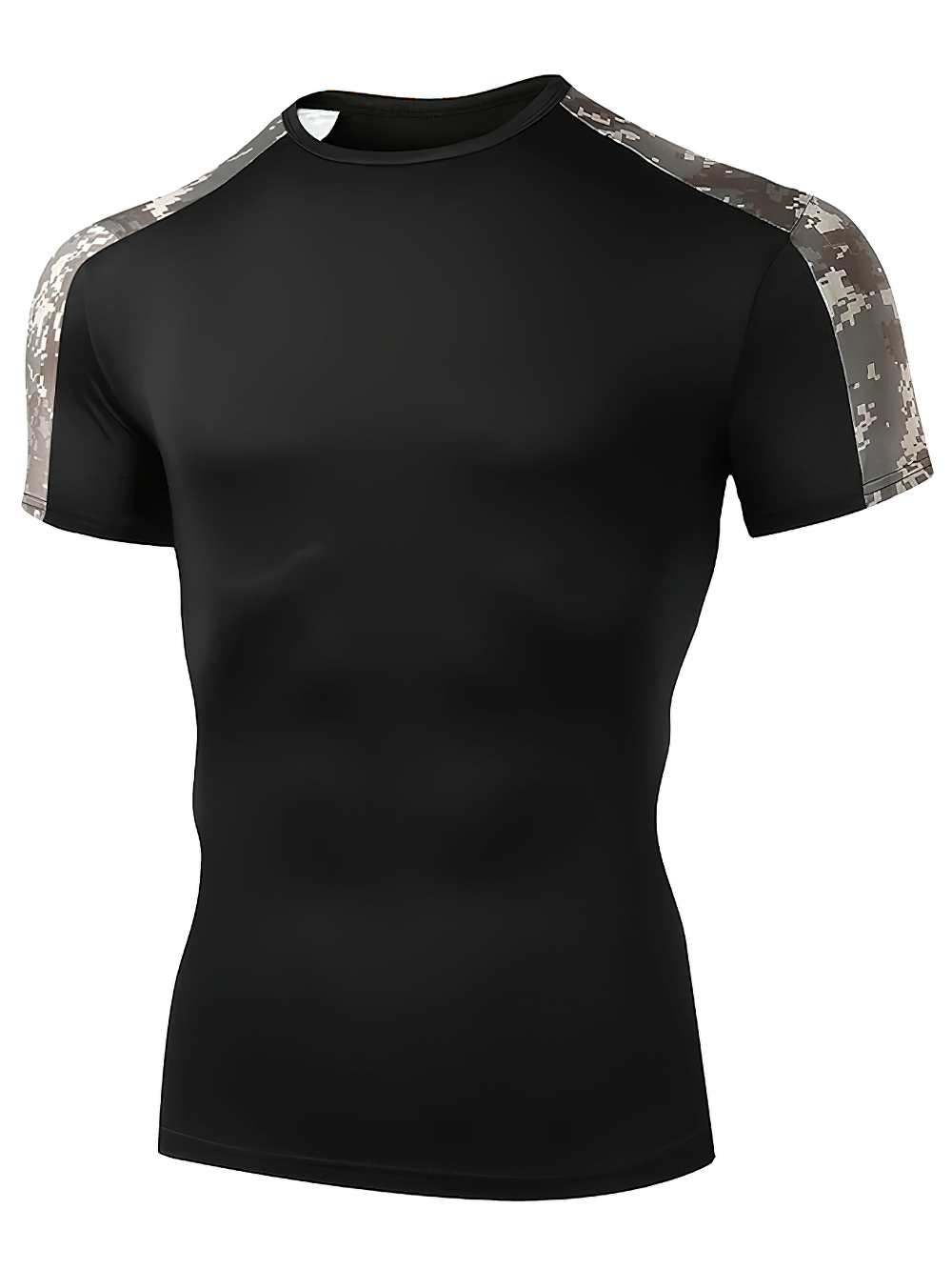 Alt Tag: Camo Compression Running T-Shirt For Training - SF4360 black slim-fit short sleeve with military camo shoulder panels for gym & summer runs