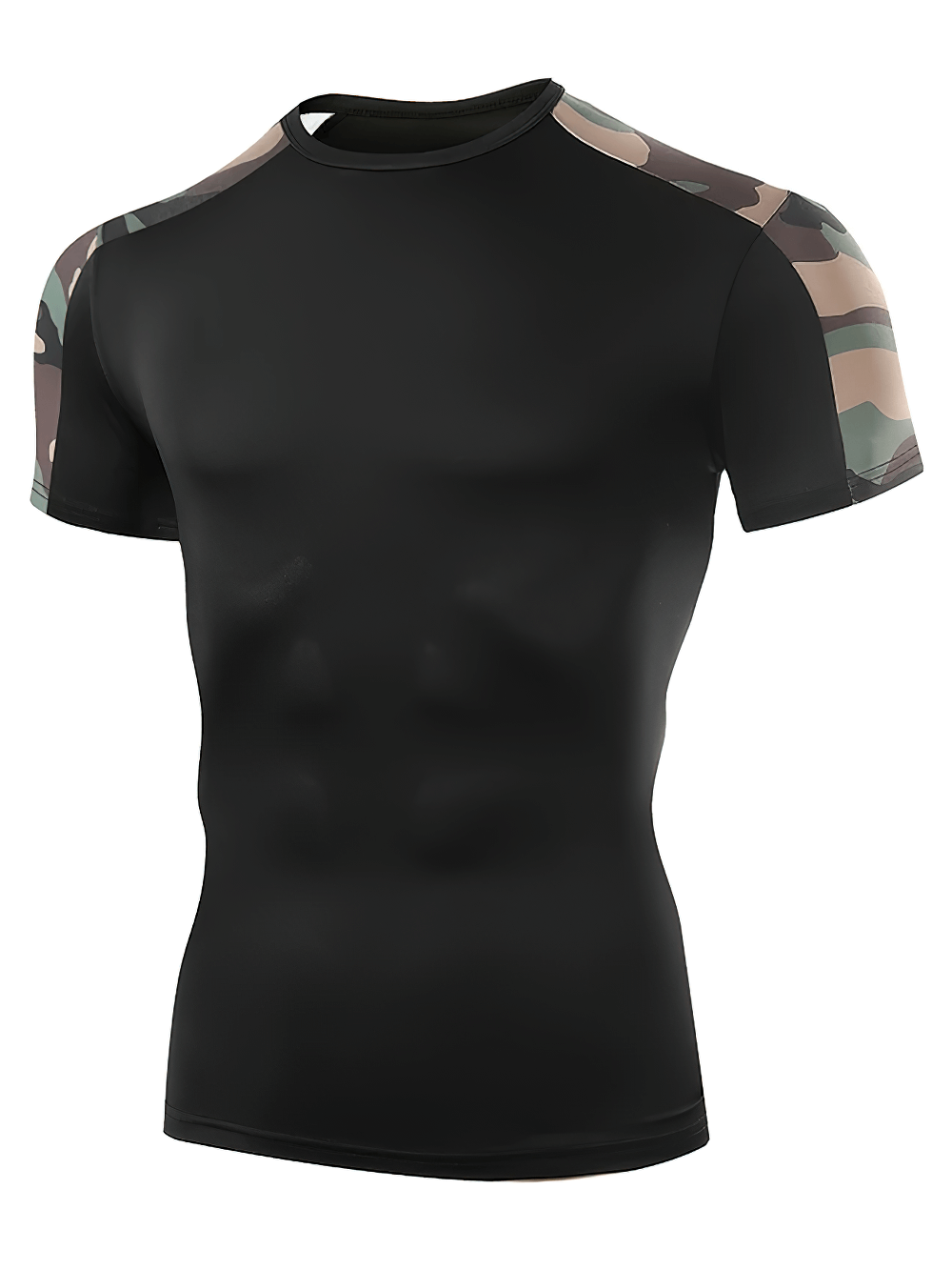 Alt Tag: Camo Compression Running T-Shirt For Training - SF4360 black slim fit short sleeve with military camo shoulder panels for gym & summer workouts
