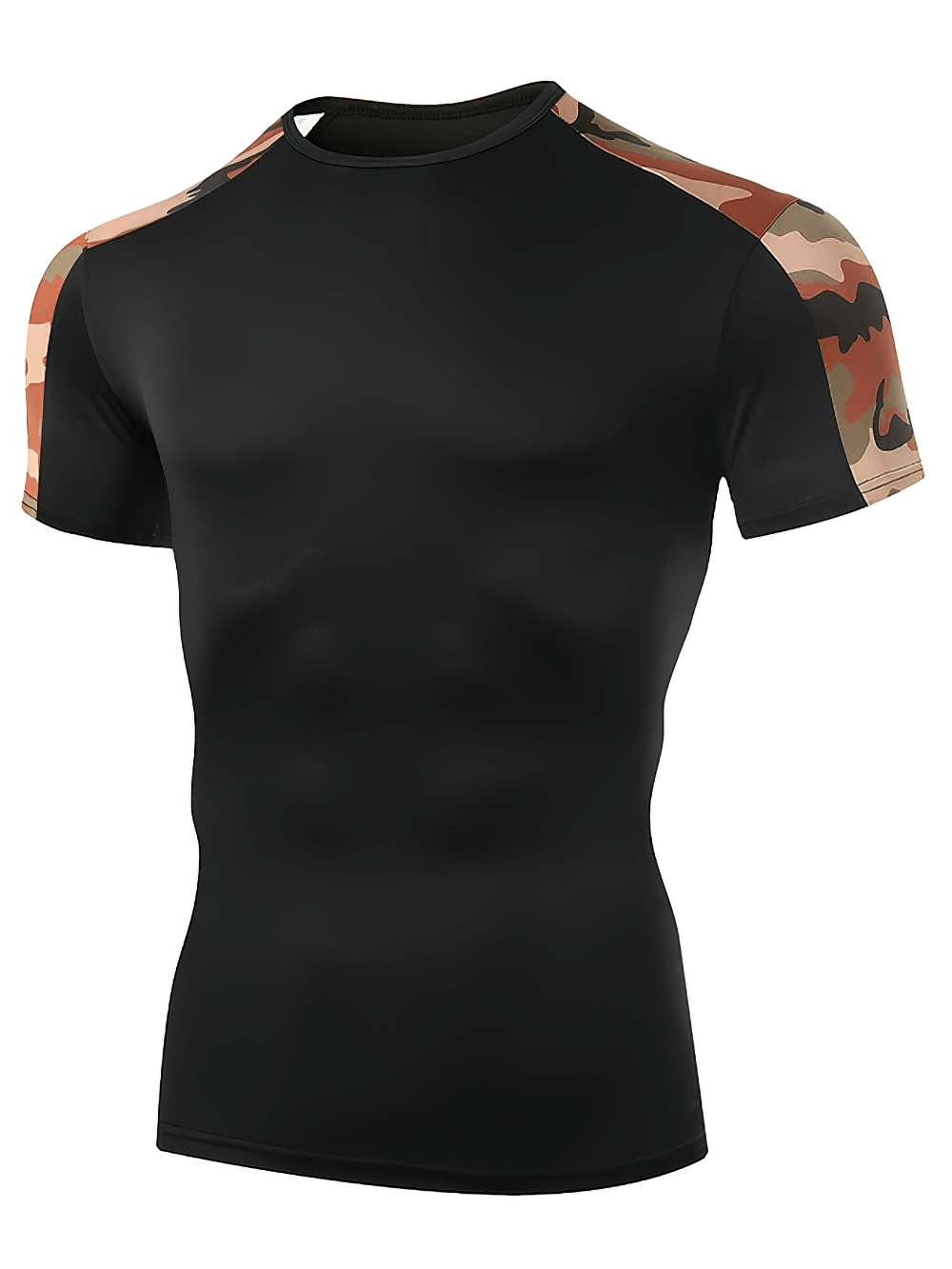 Alt Tag: Camo Compression Running T-Shirt For Training - SF4360 black slim fit short sleeve gym tee with camo shoulder panels