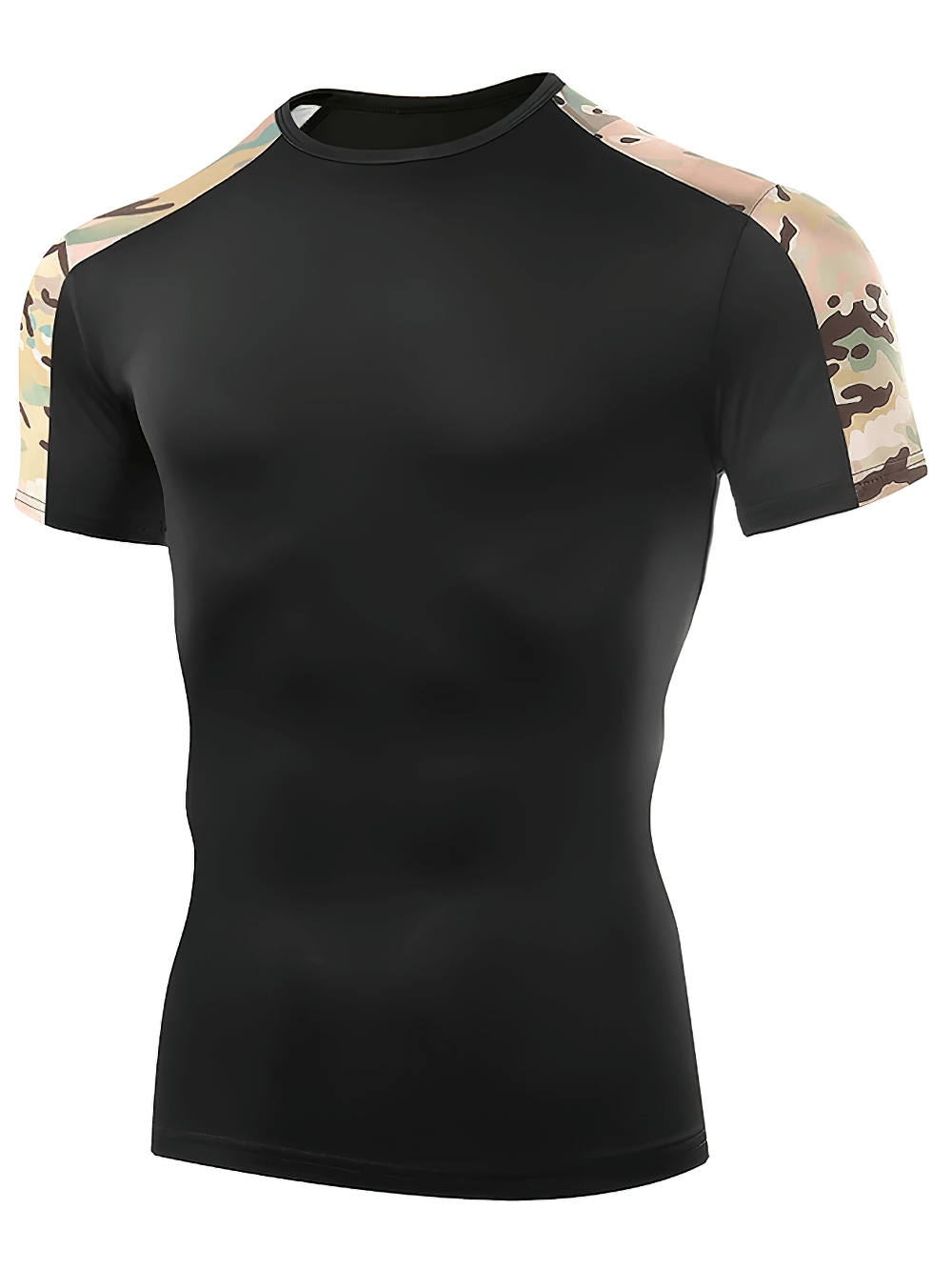 Alt Tag: Camo Compression Running T-Shirt For Training - SF4360 black slim-fit short sleeve compression tee with military camo shoulders