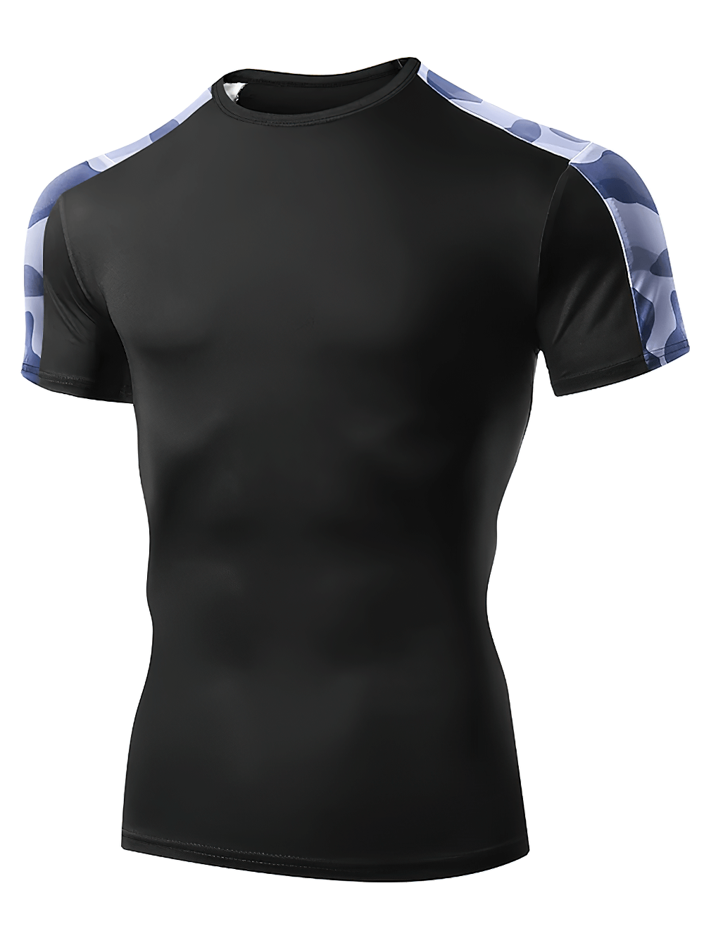 Alt Tag: Camo Compression Running T-Shirt For Training - SF4360 black short sleeve slim fit compression tee with camo shoulder panels