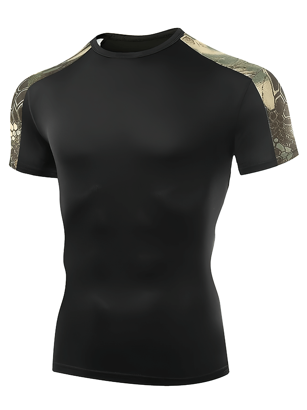 Alt Tag: Camo Compression Running T-Shirt For Training - SF4360 black short sleeve compression tee with military camo shoulder panels