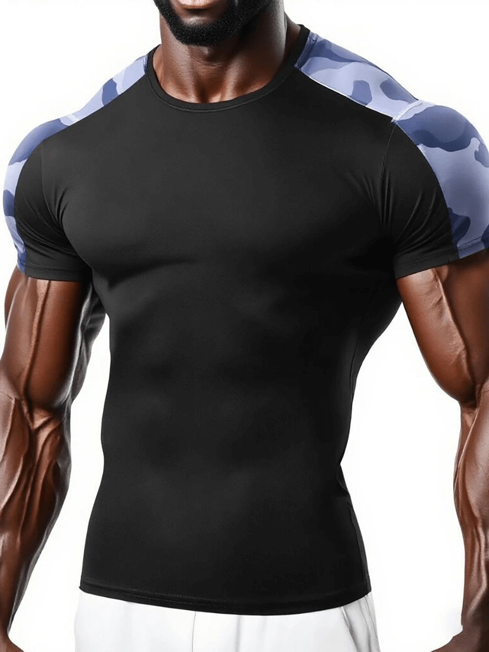 Alt Tag: Camo Compression Running T-Shirt For Training - SF4360 men's black slim-fit short sleeve tee with camo shoulder panels for gym training