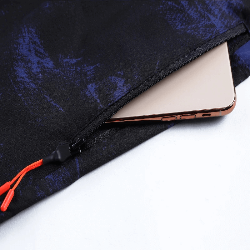 Camo running shorts with a secure zip pocket holding a smartphone. Perfect for runners seeking style and practical performance.