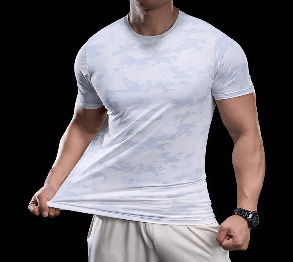 Alt Tag: Camo Short-Sleeved Sports T-Shirt for Running - SF4403 men's white camo quick-dry compression tee for gym, training, and running