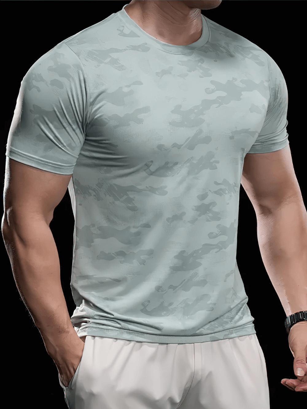 Alt Tag: Camo Short-Sleeved Sports T-Shirt for Running - SF4403 men’s quick-dry compression camo tee for gym training and workouts