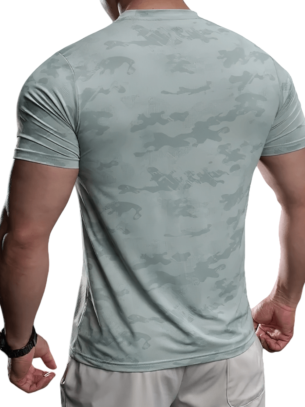 Alt Tag: Camo Short-Sleeved Sports T-Shirt for Running - SF4403 men’s quick-dry compression tee, back view, grey camo athletic fit