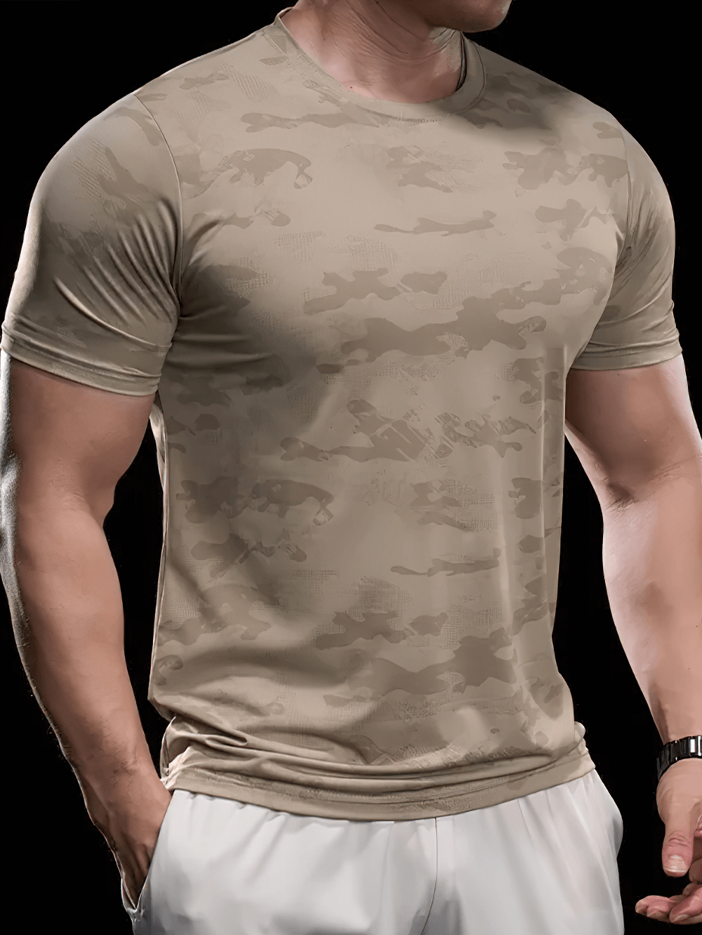 Alt Tag: Camo Short-Sleeved Sports T-Shirt for Running - SF4403 men's quick-dry camo compression tee for gym training and running