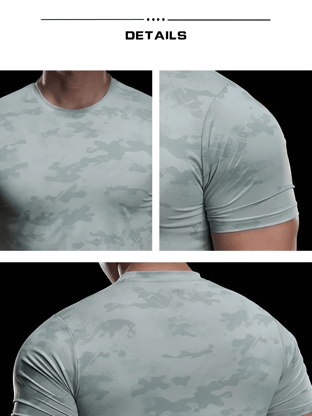 Alt Tag: Camo Short-Sleeved Sports T-Shirt for Running - SF4403 men's quick-dry camo compression tee, short sleeves, front and back detail
