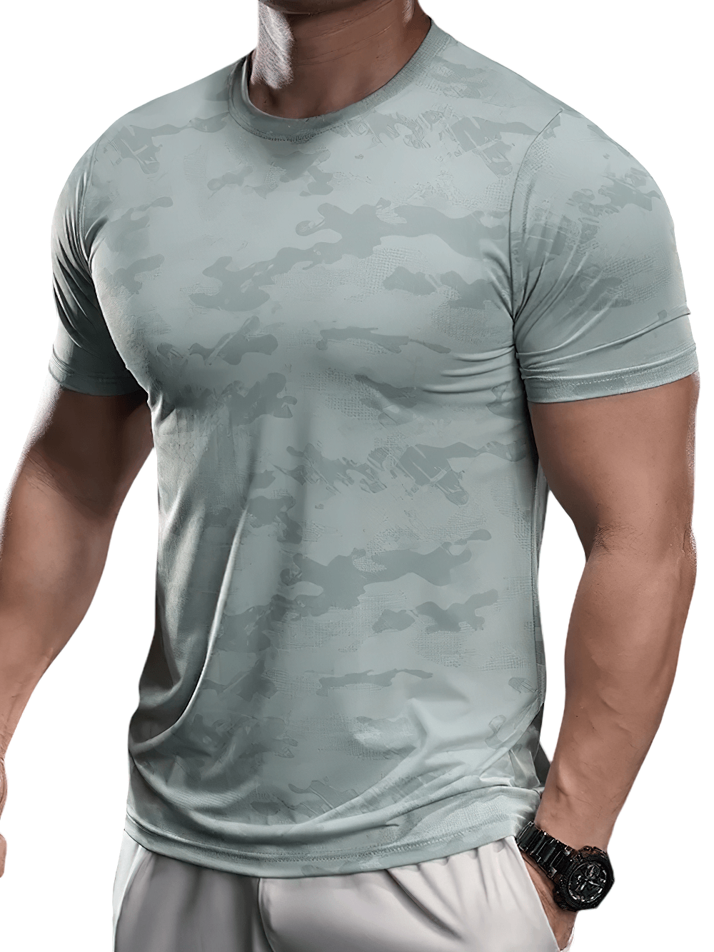 Alt Tag: Camo Short-Sleeved Sports T-Shirt for Running - SF4403 men's quick-dry camo compression tee for gym training and workouts