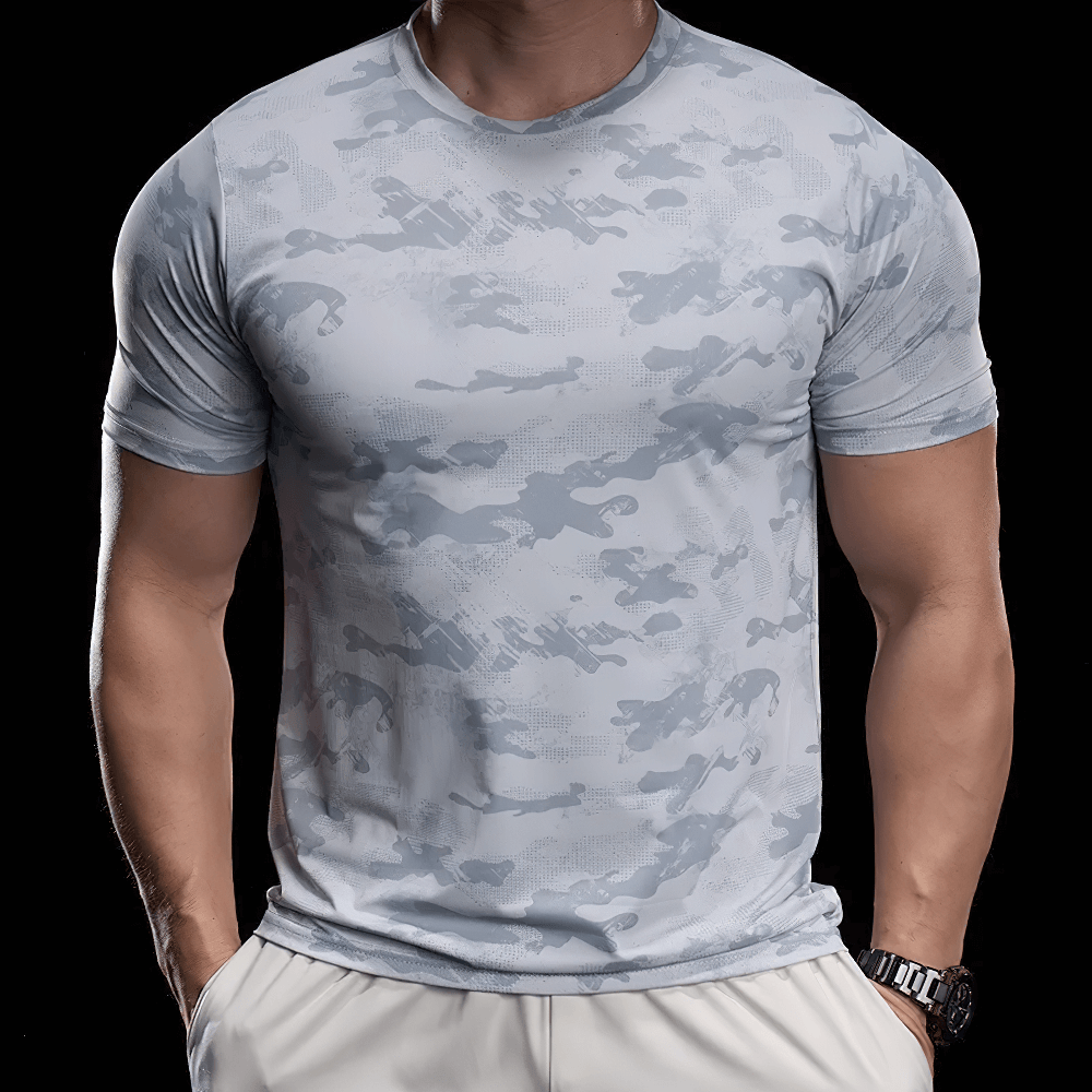 Alt Tag: Camo Short-Sleeved Sports T-Shirt for Running - SF4403 men’s quick-dry compression camo tee for gym training and workouts
