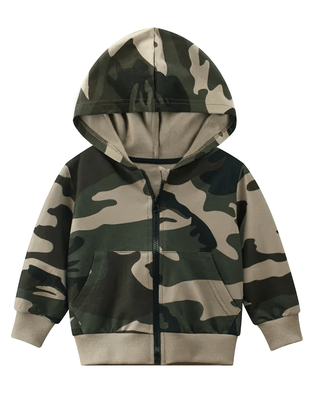 Kids' Camo Zip-Up Hoodie with Adjustable Hood and Pockets - SF3617, featuring camouflage design, zipper, and cozy hood for active play.