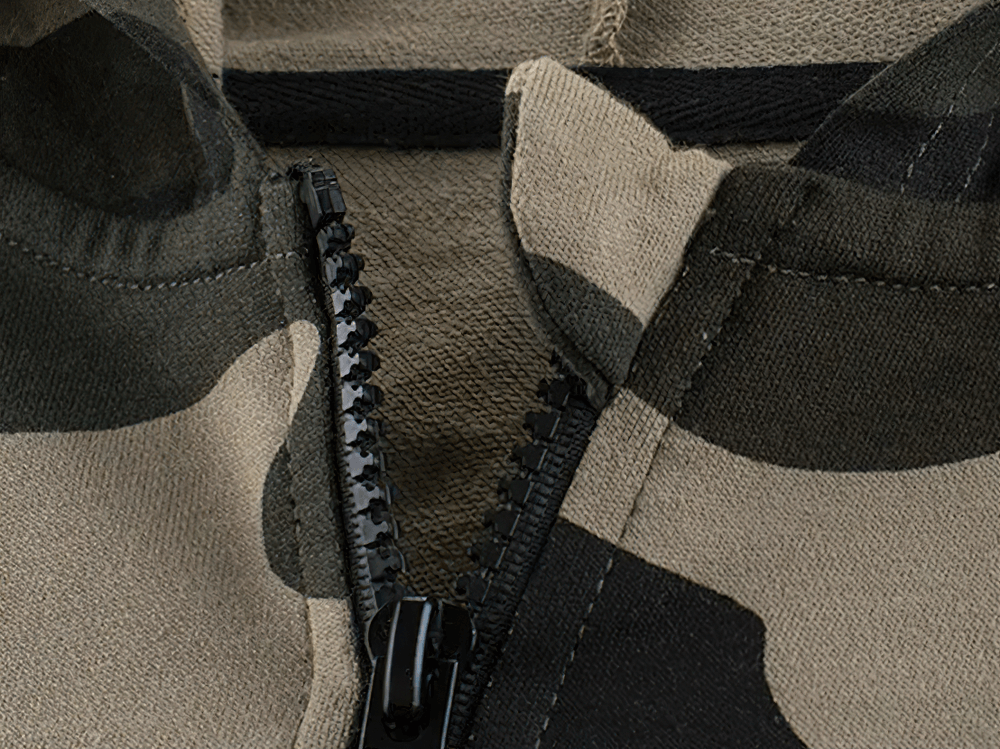 Close-up of the zipper on a kids' Camo Zip-Up Hoodie with Adjustable Hood and Pockets - SF3617, featuring soft fabric and camo design.