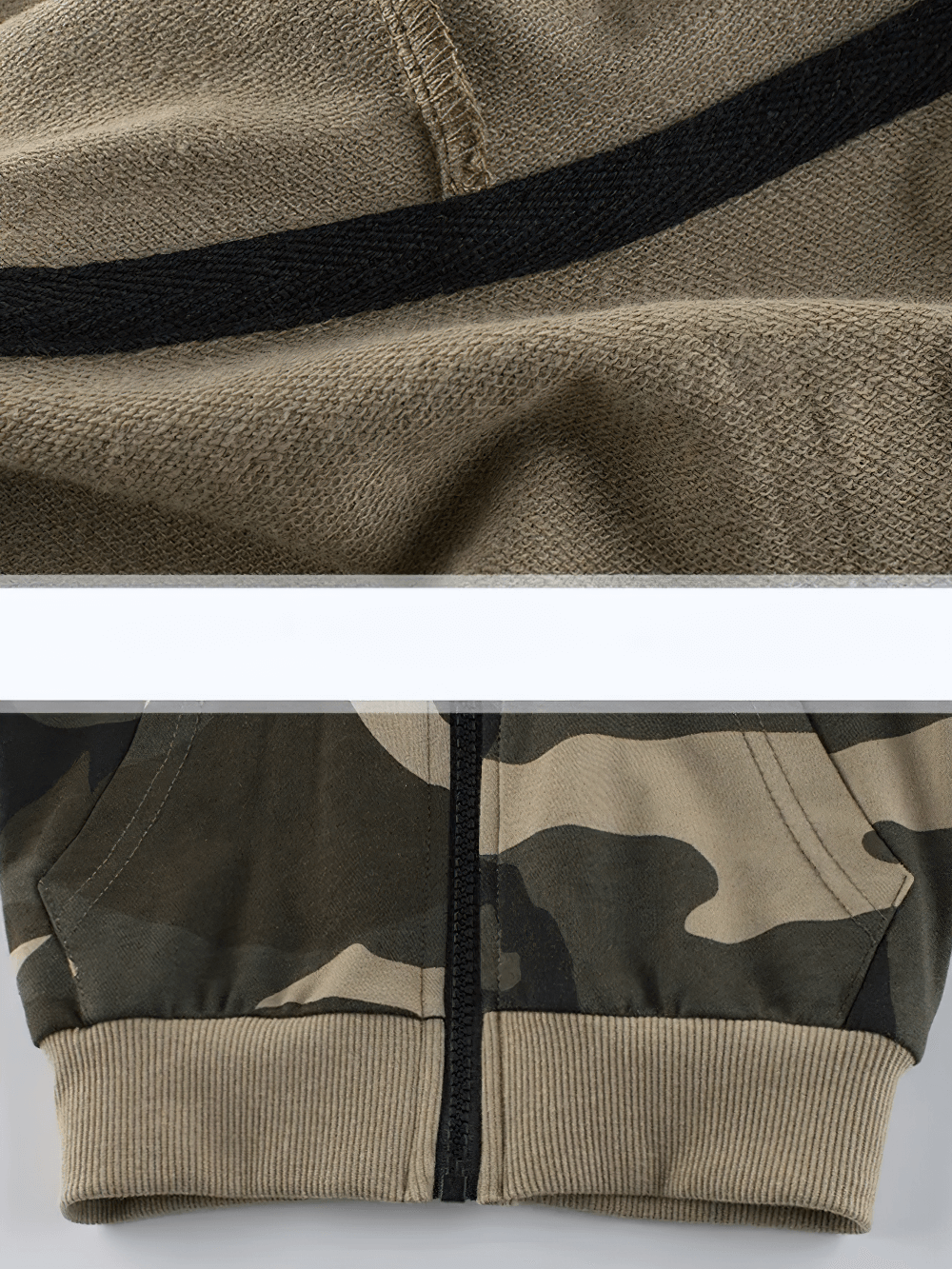 Close-up of Kids' Camo Zip-Up Hoodie with Adjustable Hood and Pockets - SF3617, featuring soft fabric and camouflage pattern.