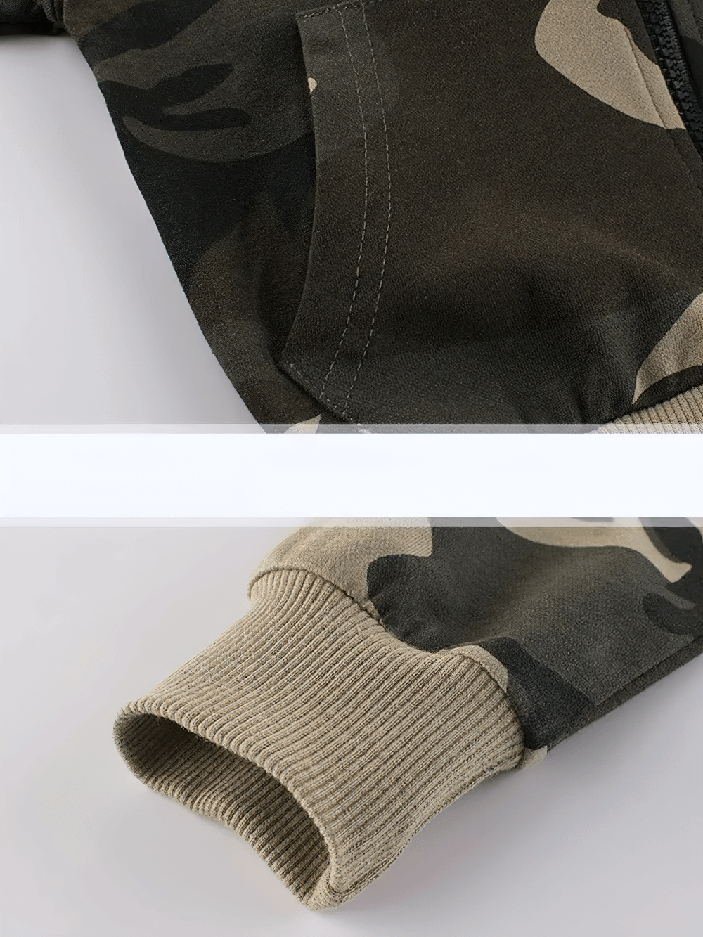 Close-up of Camo Zip-Up Hoodie with Adjustable Hood and Pockets - SF3617 showing camo pattern, pocket, and ribbed cuff design.