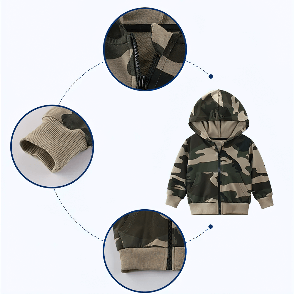 Camo Zip-Up Hoodie with Adjustable Hood and Pockets - SF3617, featuring ribbed cuffs, zipper, and camo pattern for kids' active play.
