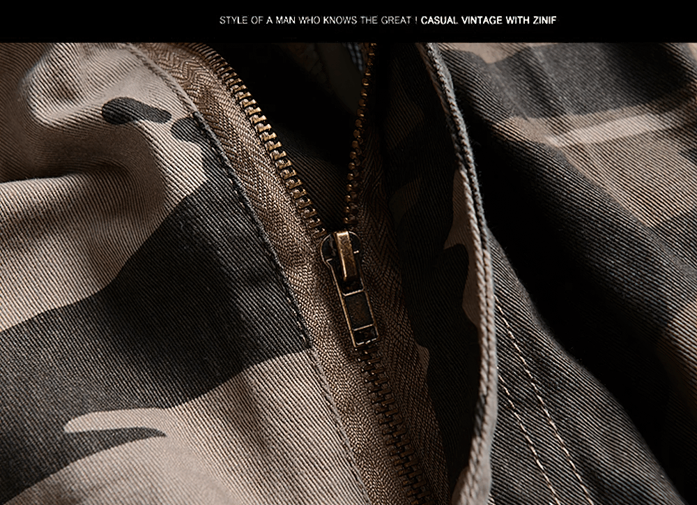 Alt Tag: Camouflage Cargo Capri Shorts with Pockets - SF4481 camo fabric zipper detail, men’s loose fit streetwear cropped cargo shorts