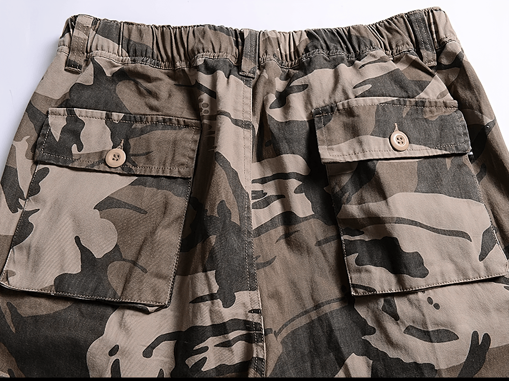 Alt Tag: Camouflage Cargo Capri Shorts with Pockets - SF4481 men’s loose fit camo cropped cargo pants with utility pockets, streetwear style
