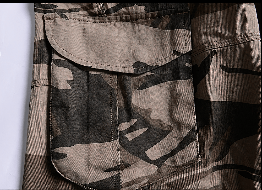 Alt Tag: Camouflage Cargo Capri Shorts with Pockets - SF4481 close-up of camo utility pocket flap, rugged streetwear cargo capri shorts
