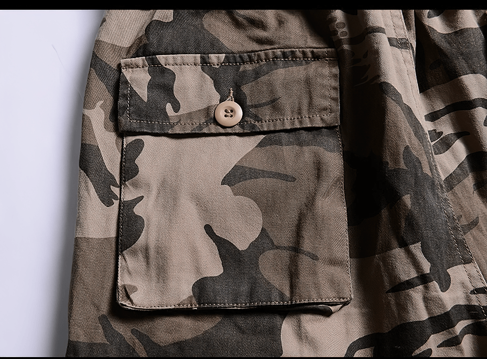 Alt Tag: Camouflage Cargo Capri Shorts with Pockets - SF4481 close-up of camo fabric utility pocket with button flap