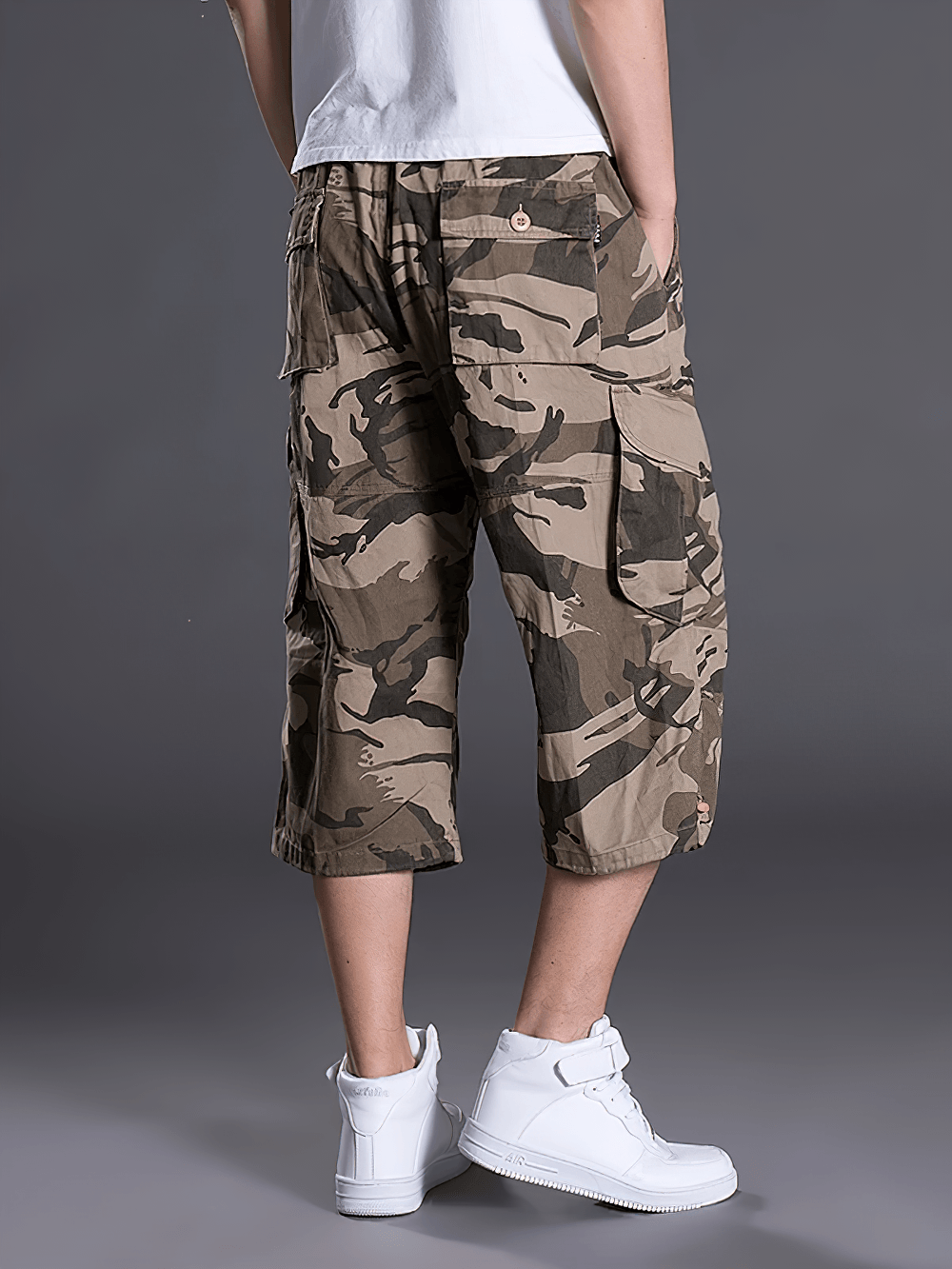 Alt Tag: Camouflage Cargo Capri Shorts with Pockets - SF4481 men’s loose fit camo cropped cargo pants with utility pockets, streetwear capri shorts