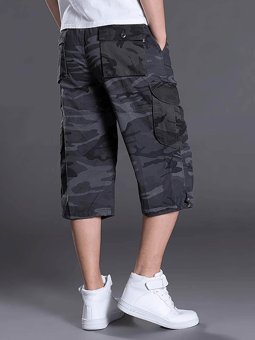 Alt Tag: Camouflage Cargo Capri Shorts with Pockets - SF4481 men’s loose fit camo cropped cargo pants with utility pockets, back view