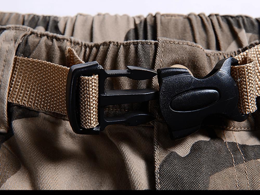 Alt Tag: Camouflage Cargo Capri Shorts with Pockets - SF4481 close-up elastic waist with buckle belt on camo capri cargo shorts