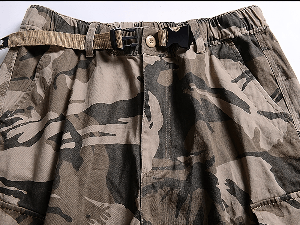 Alt Tag: Camouflage Cargo Capri Shorts with Pockets - SF4481 close-up of camo fabric, elastic waistband and utility belt buckle