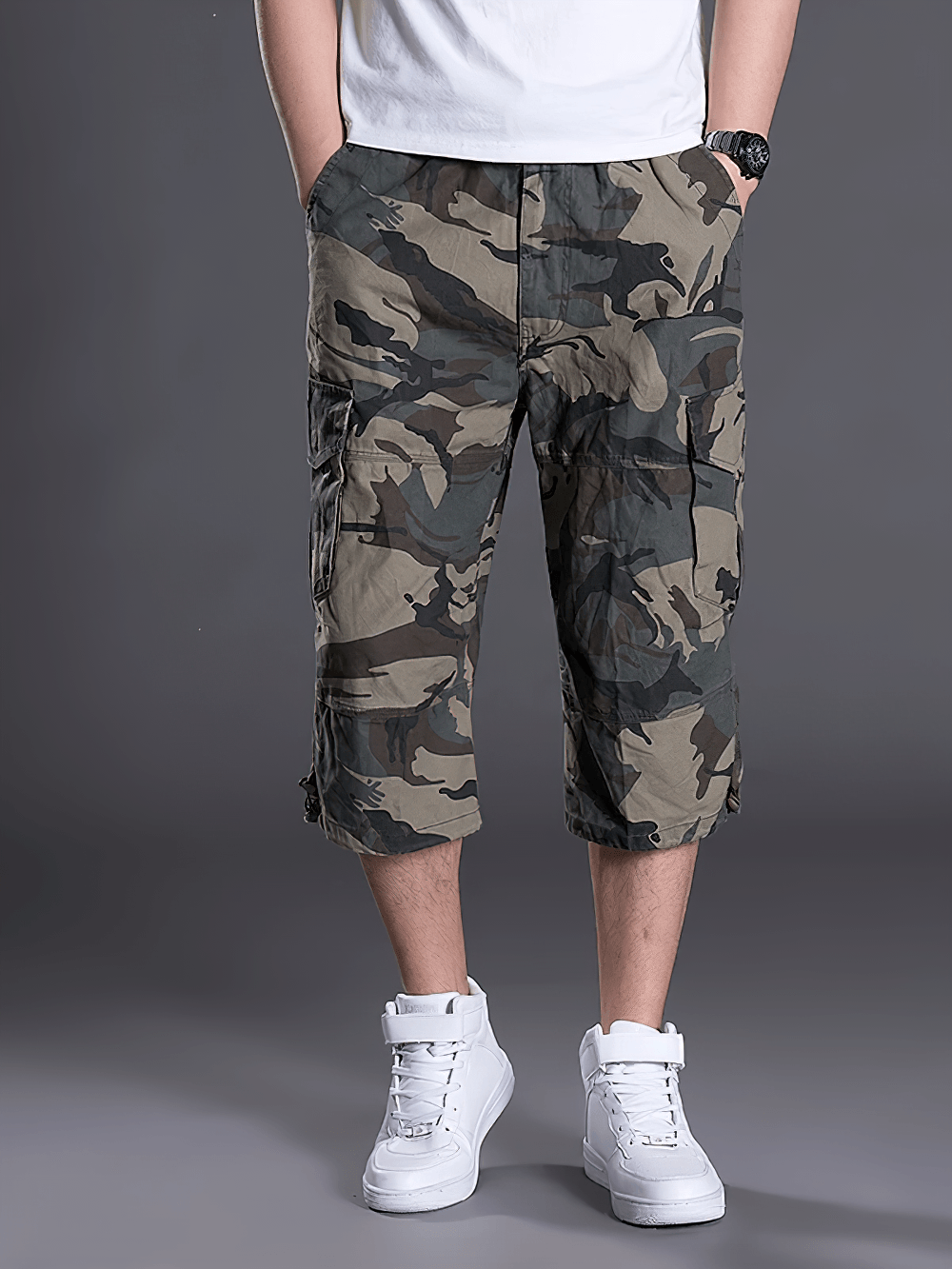 Alt Tag: Camouflage Cargo Capri Shorts with Pockets - SF4481 men's loose-fit camo cropped cargo pants with utility pockets, streetwear knee-length