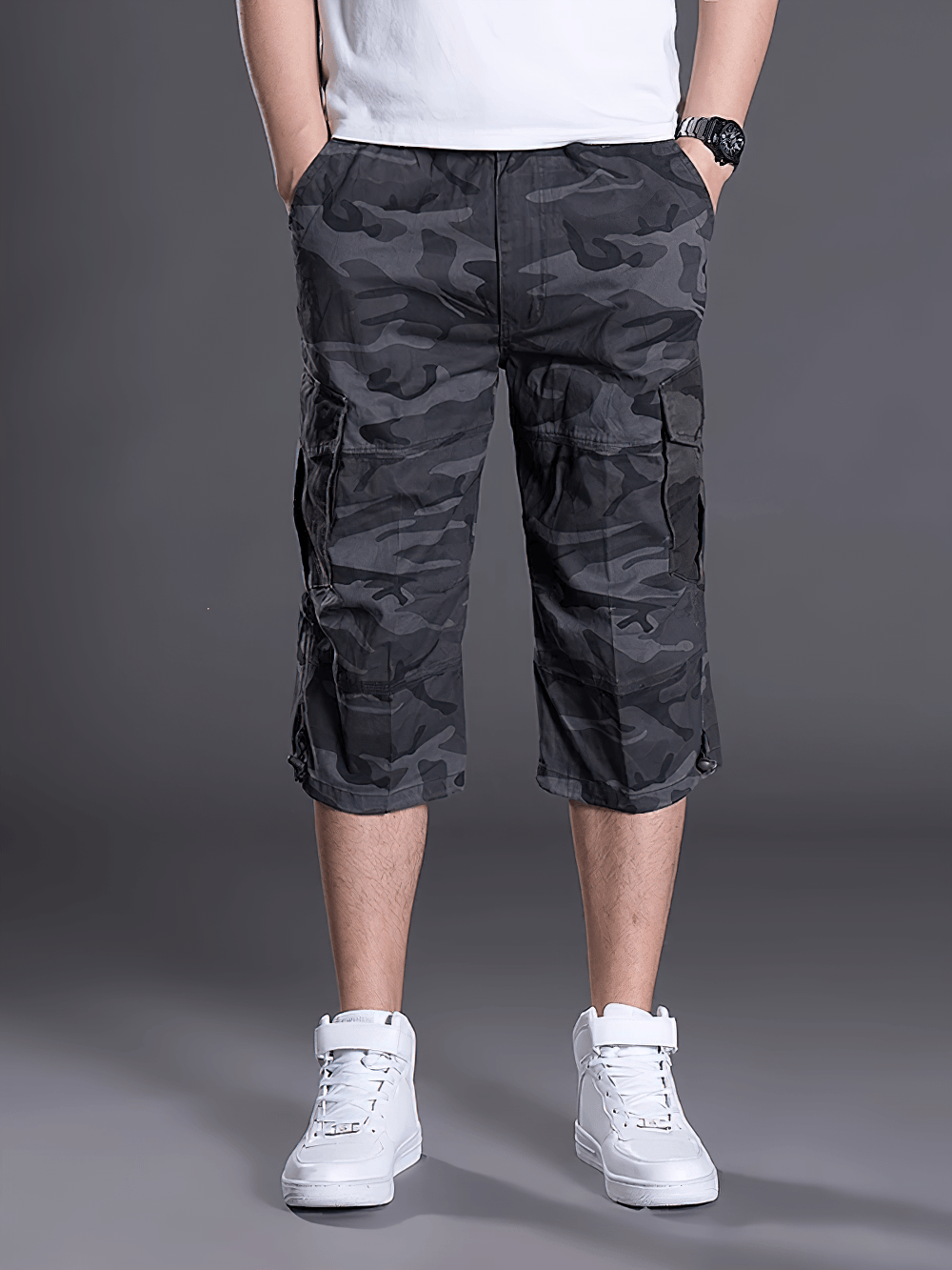 Alt Tag: Camouflage Cargo Capri Shorts with Pockets - SF4481 men’s loose-fit camo cropped cargo shorts with utility pockets, streetwear style