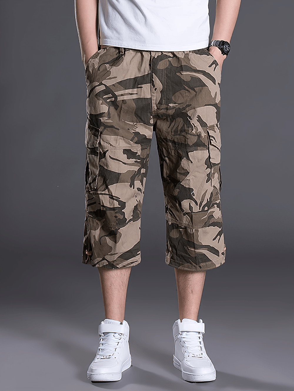 Alt Tag: Camouflage Cargo Capri Shorts with Pockets - SF4481 men's loose fit camo cropped cargo pants with utility pockets, streetwear knee-length