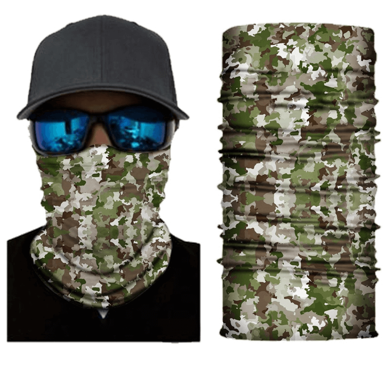 Camouflage cycling face mask with seamless neck gaiter displayed on mannequin; perfect for outdoor sports activities.