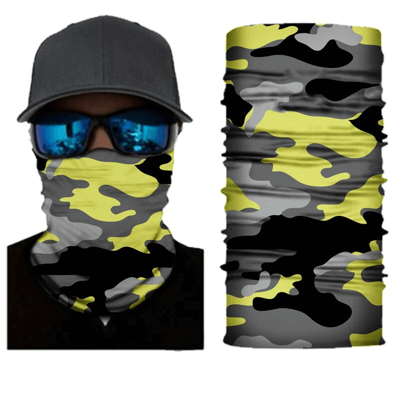 Camouflage cycling face mask and neck gaiter in yellow, gray, and black seamless design for outdoor sports.